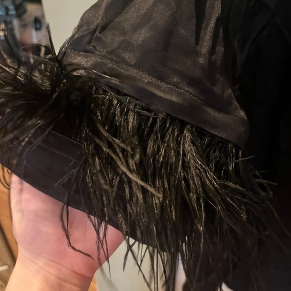 Sleeper NWT Elegant Black Silky Satin Party Ostrich Feather Trim Dress Size S - Picture 6 of 8